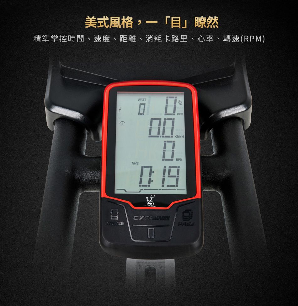 美式風格,一目」瞭然精準掌控時間、速度、距離、消耗卡路里、心率、轉速(RPM)WATT RPMTIME BPMCYCLINGPAGE