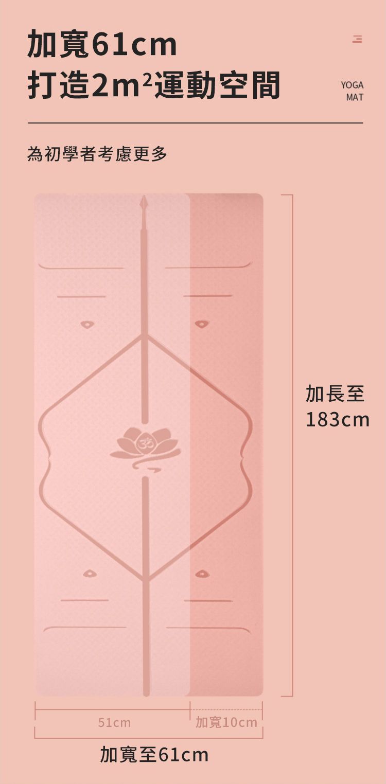 加寬61cm打造2m²運動空間YOGAMAT為初學者考慮更多加寬10cm51cm加寬至61cm加長至183cm