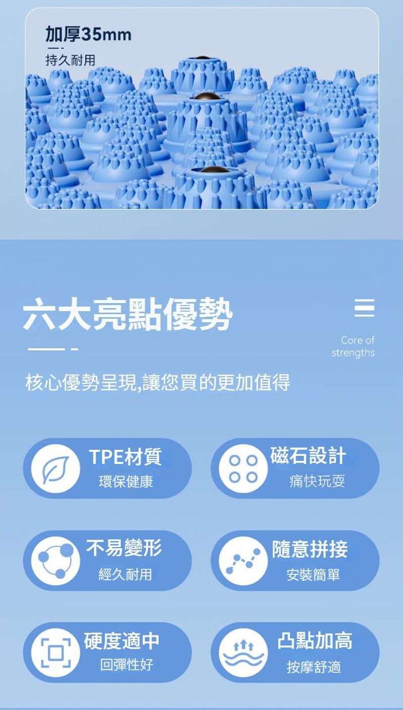 加厚35mm持久耐用六大亮點優勢核心優勢呈現,讓您買的更加值得Core ofstrengthsTPE材質 磁石設計環保健康痛快玩耍不易變形隨意拼接經久耐用安裝簡單硬度適中L回彈性好凸點加高按摩舒適