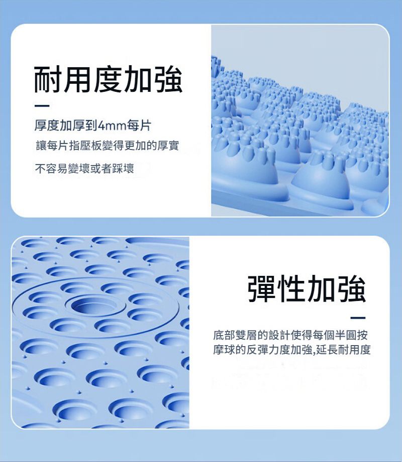 耐用度加強厚度加厚到4mm每片讓每片指壓板變得更加的厚實不容易變壞或者踩壞彈性加強底部雙層的設計使得每個半圓按摩球的反彈力度加強,延長耐用度