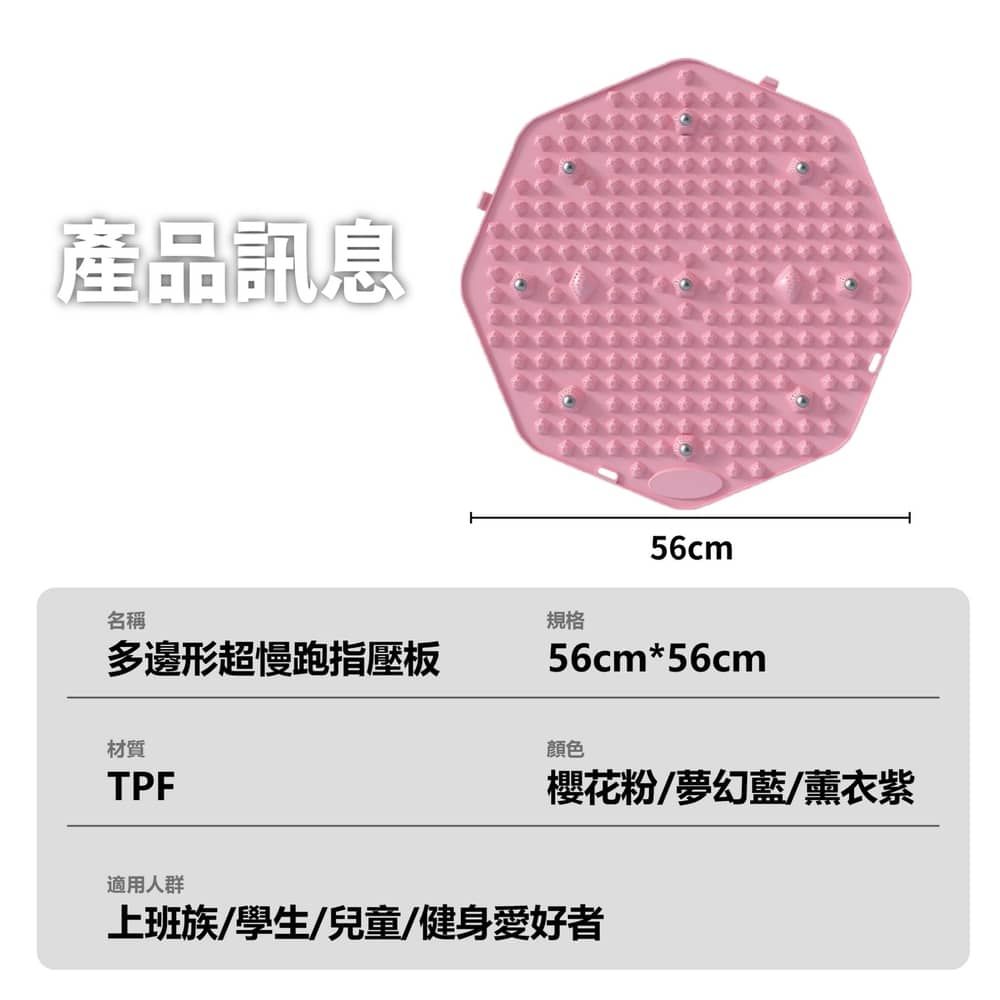產品訊息56cm名稱規格多邊形超慢跑指壓板56cm*56cm材質TPF顏色櫻花粉/夢幻藍/薰衣紫適用人群上班族/學生/兒童/健身愛好者