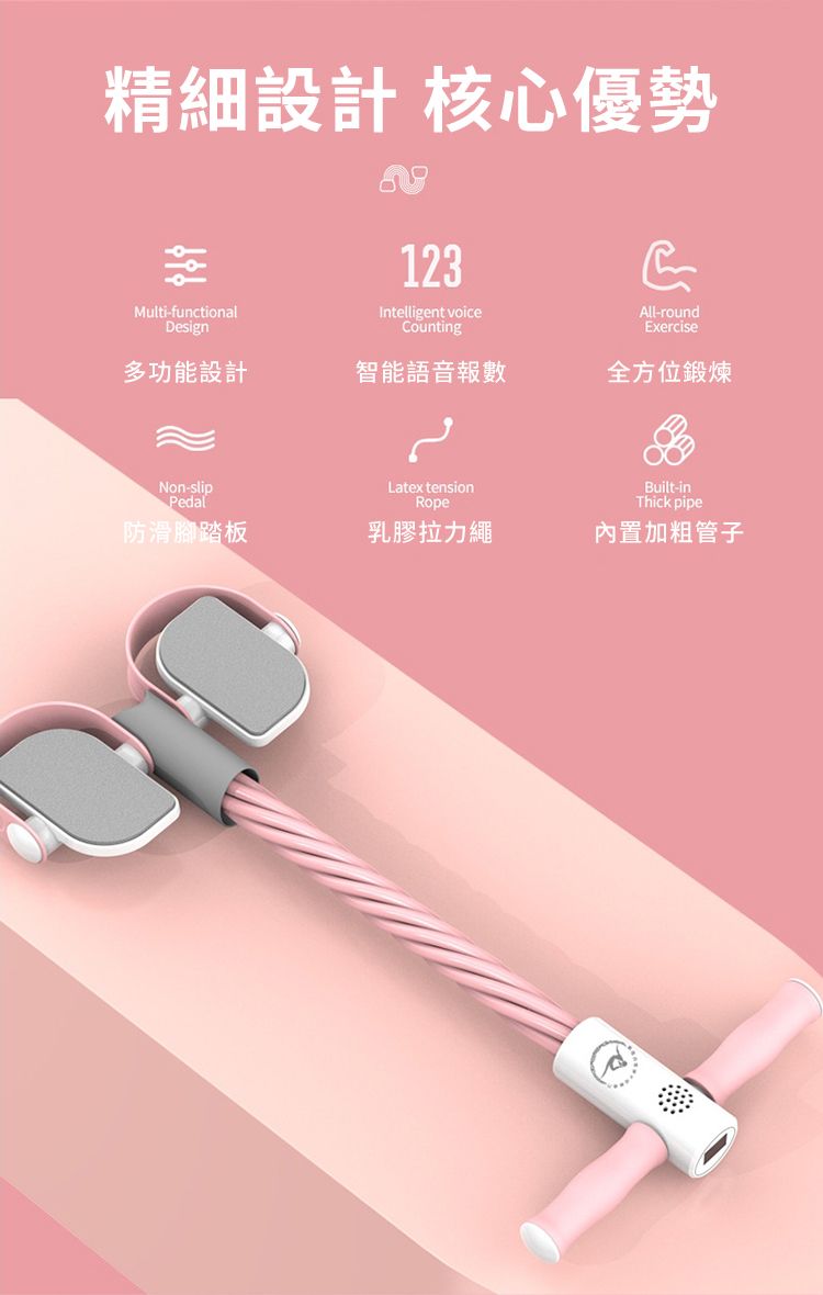 精細設計 核心優勢Multi-functionalDesign123Intelligent voiceCounting多功能設計智能語音報數All-roundExercise全方位鍛煉Non-slipPedalLatex tensionRope防滑腳踏板乳膠拉力繩Built-inThick pipe內置加粗管子