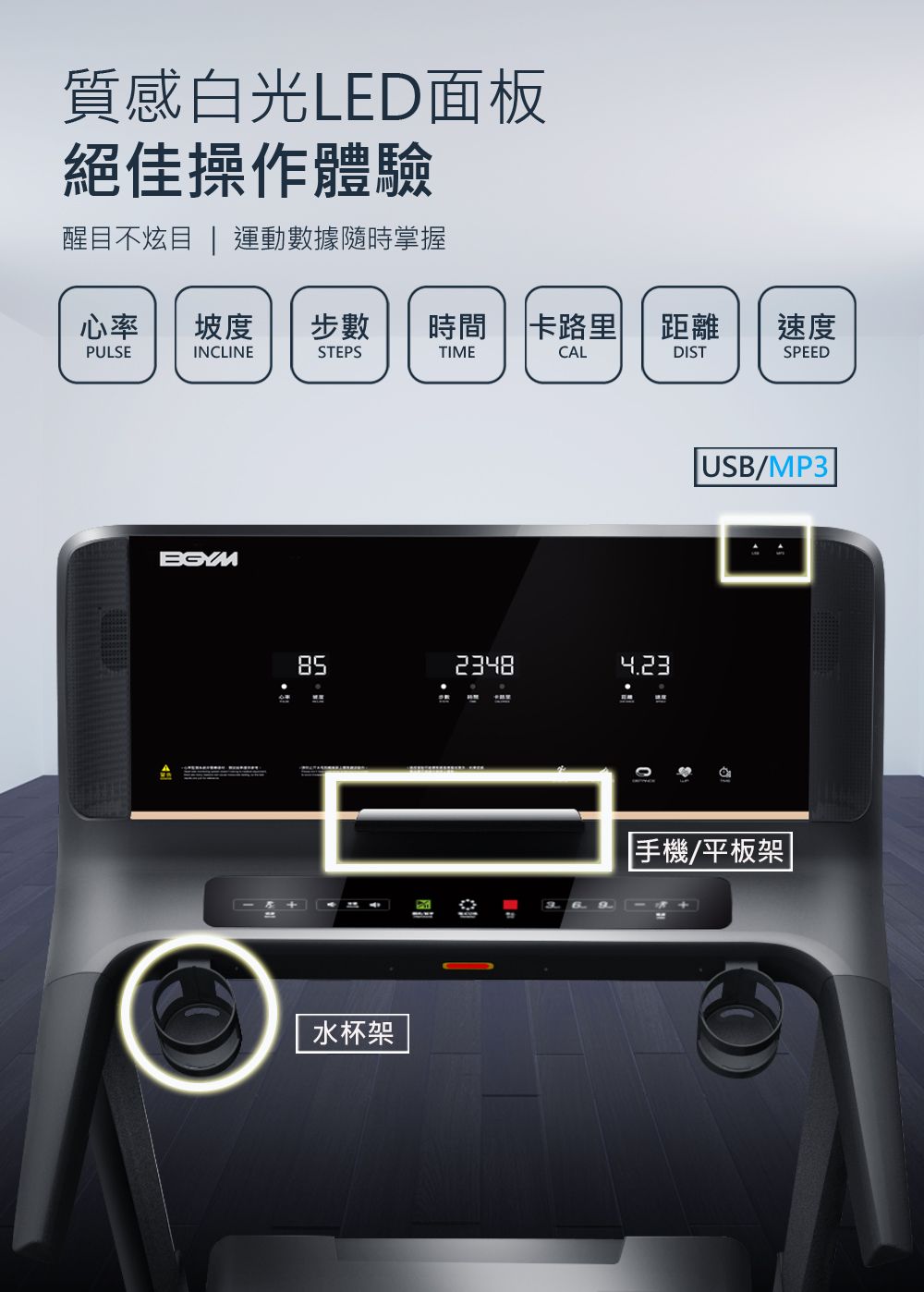 質感白光LED面板絕佳操作體驗醒目不炫目  運動數據隨時掌握心率 坡度 步數 時間 卡路里| 距離速度PULSEINCLINESTEPSTIMECALDISTSPEEDBGYM8523484.23水杯架  USB/MP3手機/平板架