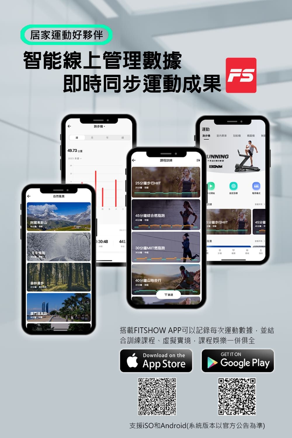 居家運動好夥伴智能上管理數據阿爾卑斯山自然風景即時同步運動成果 FS49.73 公開步行HIIT25課程線45綜合燃脂跑441分鐘MIIT燃脂跑分鐘森林步30分鐘40分鐘山地步行運動跑步 UNNINGTRAINING程序5分鐘步行HIIT45分鐘搭載FITSHOW APP可以記錄每次運動數據,並結合訓練課程、虛擬實境,課程娛樂一併俱全Download on theApp StoreGET IT ON►Google Play支援iSO和Android(系統版本以官方公告為準)