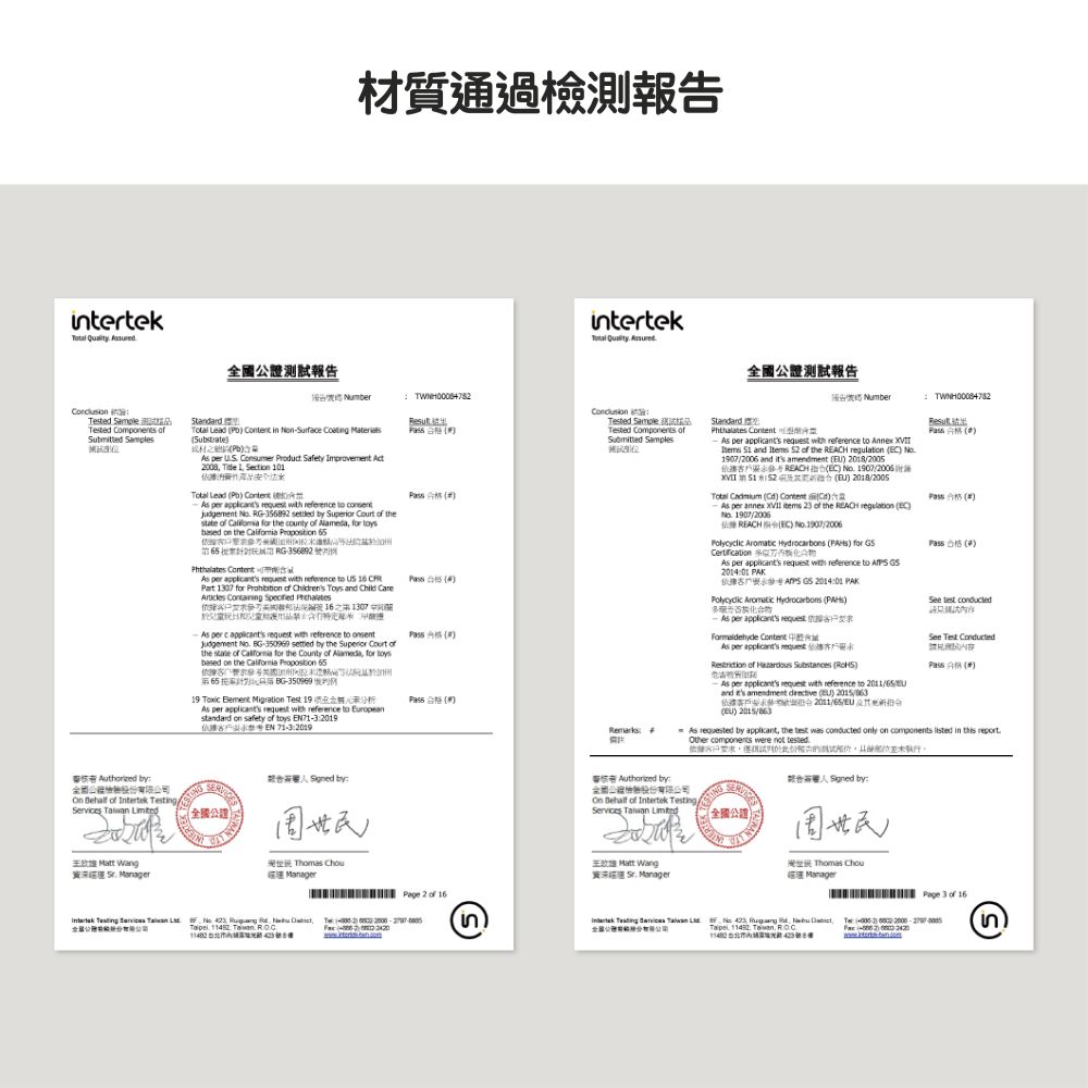 tertek  測試材質通過測tertek   umbered ested Components   Lead   in   ested Tested Components Submitted     Produt Safety  Act008    1 Lead   per    reference    RG6892  by    the    the county   for  on the   5玩 RG 號  per    reference      for   Childrens Toys and Child Care    07 per c applicants  with reference judgement  350969 settled by the Superior  the state of  for the County of Alameda for based on the    BG-350969    19   Migration Test 19  As per applicants request with reference to standard on safety of toys 29EN71-32019測試報告 MumberPhthalates  M per applicants request with reference to    and  2 of the    No19072006 and  amendment  20182005依據  No 19072006   ) 20182005  ) Content) per annex   23 of the REACH regulation EC)No 19072006REACHEC) 2006   ) for  As per applicants request with reference to  GS20101 PAK GS 201401 PAK  Hydrocarbons )化合物 per applicants requestFormaldehyde Content As per applicants requestRestriction of   ()As per applicants request with reference to /and its amendment  () 依據2011//(EU) ()  (4)See  See Test ConductedPass()As requested by applicant the test was conducted only on components listed in this report.Other components were not .T報告 Signed by by檢股份有限 Behalf of  / by:全國公司股份有限公司On Behalf of  /  全國公證報告 Signed by::  全國公證)132 Thomas Chou Matt Wang  Thomas Chou Matt Wang ManagerManager 3 of 16Page 2 of 16Intertek Testing Services       T-    (in) Intertek Testing Services     , :  , (in)