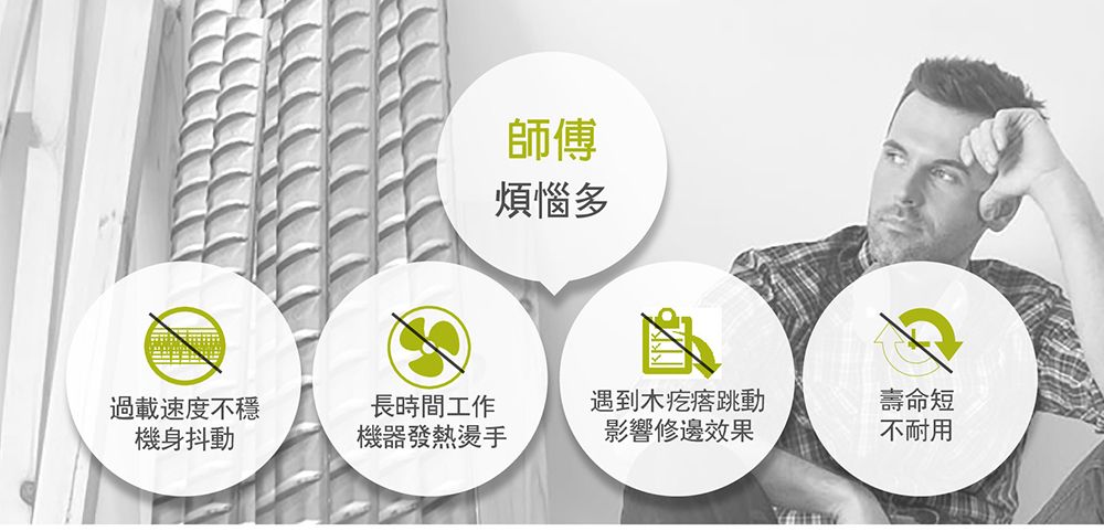 師傅煩惱多過載速度不穩機身抖動長時間工作遇到木疙瘩跳動壽命短機器發熱燙手影響修邊效果不耐用