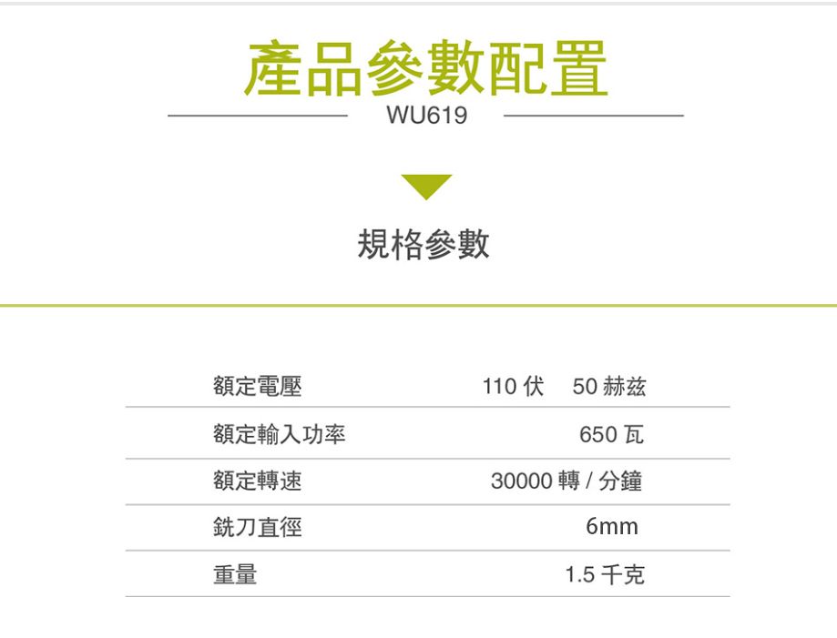 產品參數配置WU619規格參數額定電壓110伏50赫兹額定輸入功率650 額定轉速30000轉/分鐘銑刀直徑重量6mm1.5千克