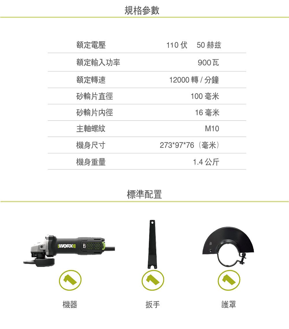 規格參數額定電壓額定輸入功率額定轉速110伏 50赫兹900 12000轉/分鐘砂輪片直徑100 毫米砂輪片16毫米主軸螺紋M10機身尺寸273*97*76(毫米)機身重量1.4公斤標準配置機器扳手護罩