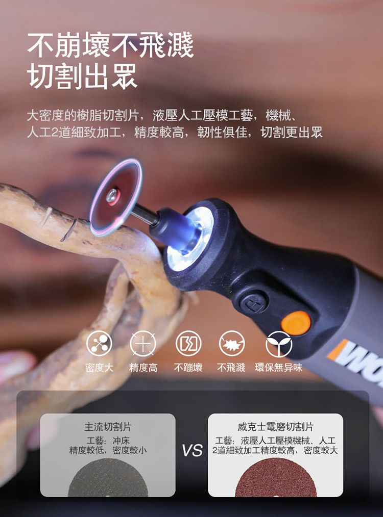 不崩壞不飛濺切割出眾大密度的樹脂切割片,液壓人工壓模工藝,機械、人工2道細致加工,精度較高,韌性俱佳,切割更出眾密度大 精度高不蹦壞 不飛濺 環保無异味主流切割片工藝:冲床威克士電磨切割片工藝:液壓人工壓模機械、人工精度較低,密度較小 2道細致加工精度較高,密度較大