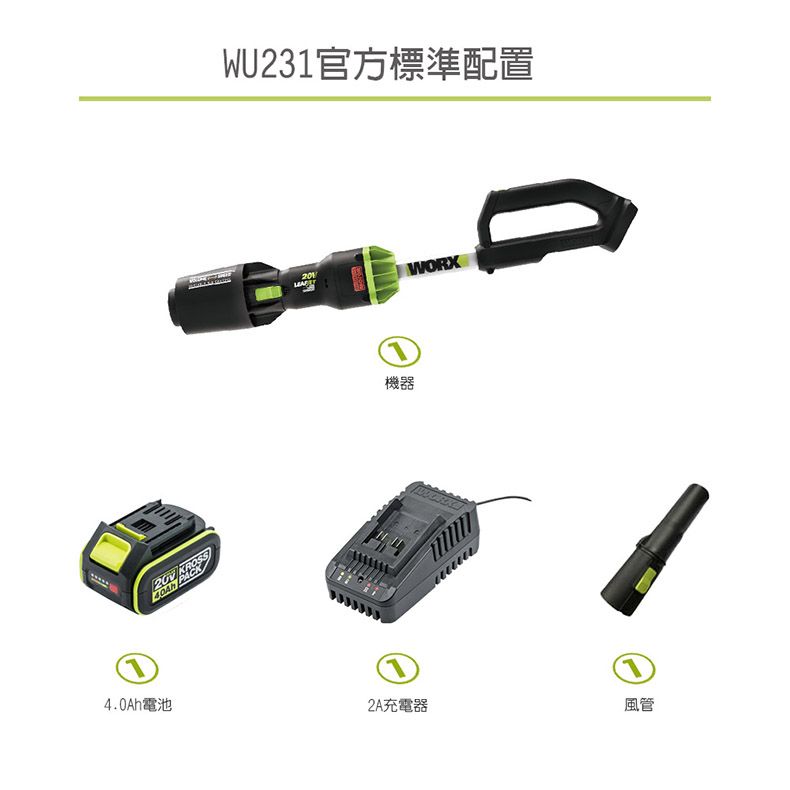 4.0Ah電池 KROSS WU231官方標準配置201WORX機器2A充電器風管