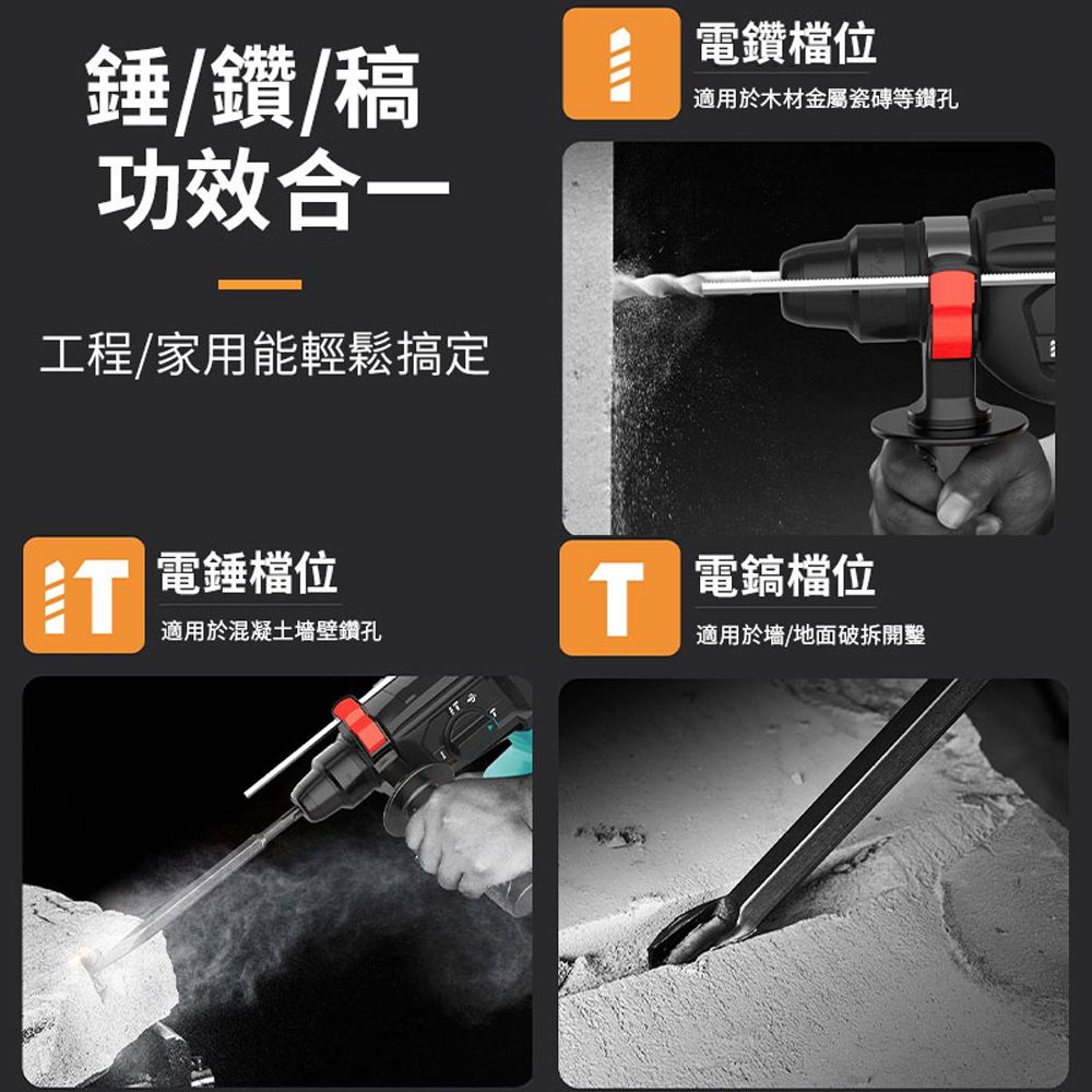 錘/鑽/稿功效合一工程/家用能輕鬆搞定電鑽檔位適用於木材金屬瓷磚等鑽孔電錘檔位適用於混凝土壁鑽孔IT T電鎬檔位適用於墻/地面破拆開鑿