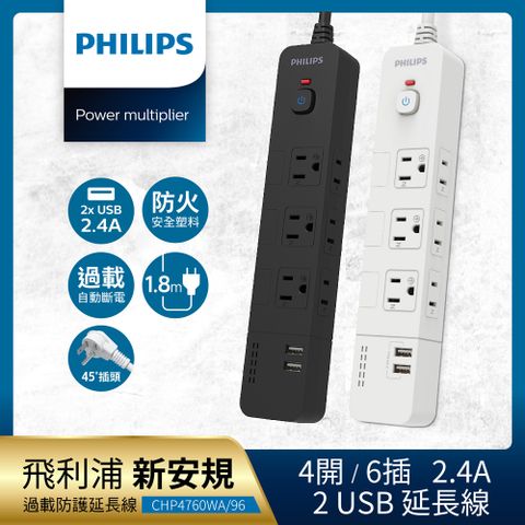 【Philips 飛利浦】4開6插+雙USB延長線 1.8M 兩入-CHP4760