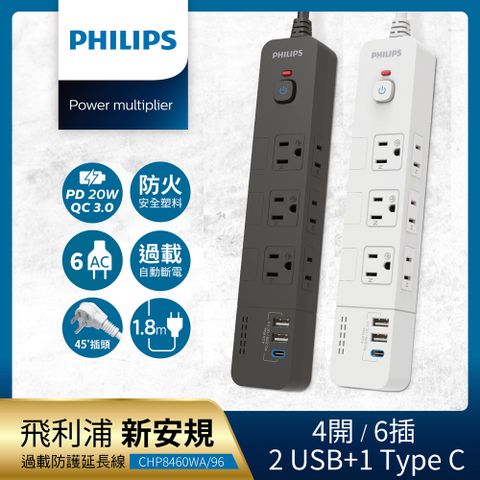 【Philips 飛利浦】4開6插+2A1C 18W PD 延長線 1.8M 兩入-CHP8460