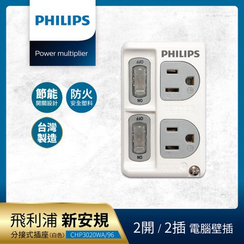 PHILIPS 飛利浦 新安規 節能開關 2開2電腦壁插 CHP3020W/96 - 白色