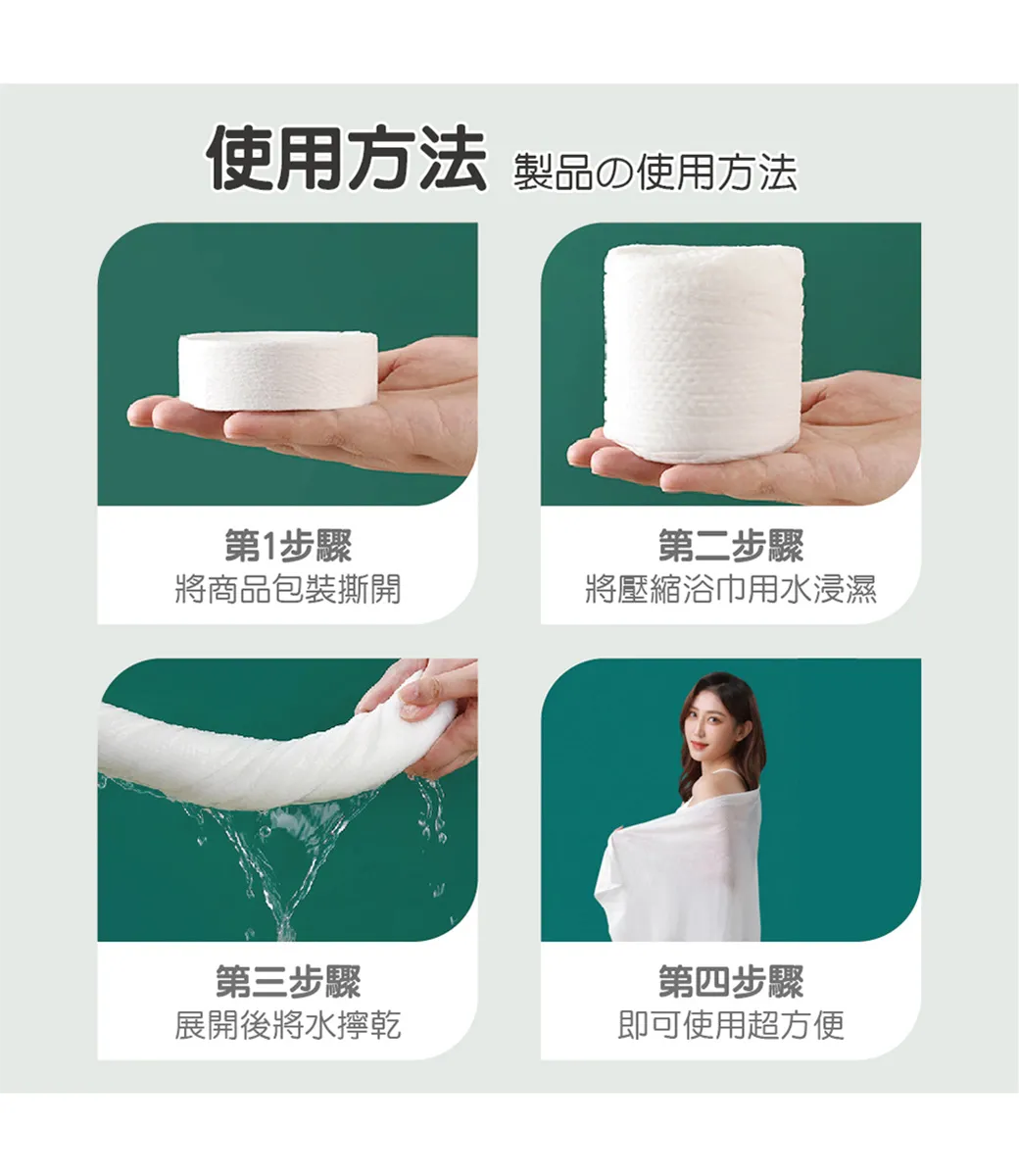 使用方法 製品の使用方法第1步驟第二步驟將商品包裝撕開將壓縮浴巾用水浸濕第三步驟展開後將水擰乾第四步驟即可使用超方便