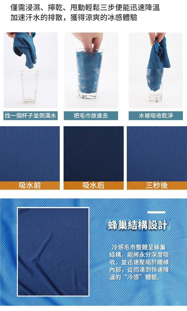 僅需浸濕、擰乾、輕鬆三步便能迅速降溫加速汗水的排散,獲得涼爽的冰感體驗找一個杯子並倒滿水| 把毛巾放進去水被吸收乾淨吸水前吸水后三秒後蜂巢結構設計冷感毛市整體呈蜂巢結構,能將永分深度吸收,並迅速壓縮於纖維內部,從而達到快速降溫的“冷感”體驗
