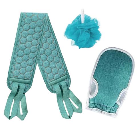 月陽超值三件組長70cm雙拉式粗紗按摩搓背巾搓澡手套小號沐浴花球搓澡巾(BT708)