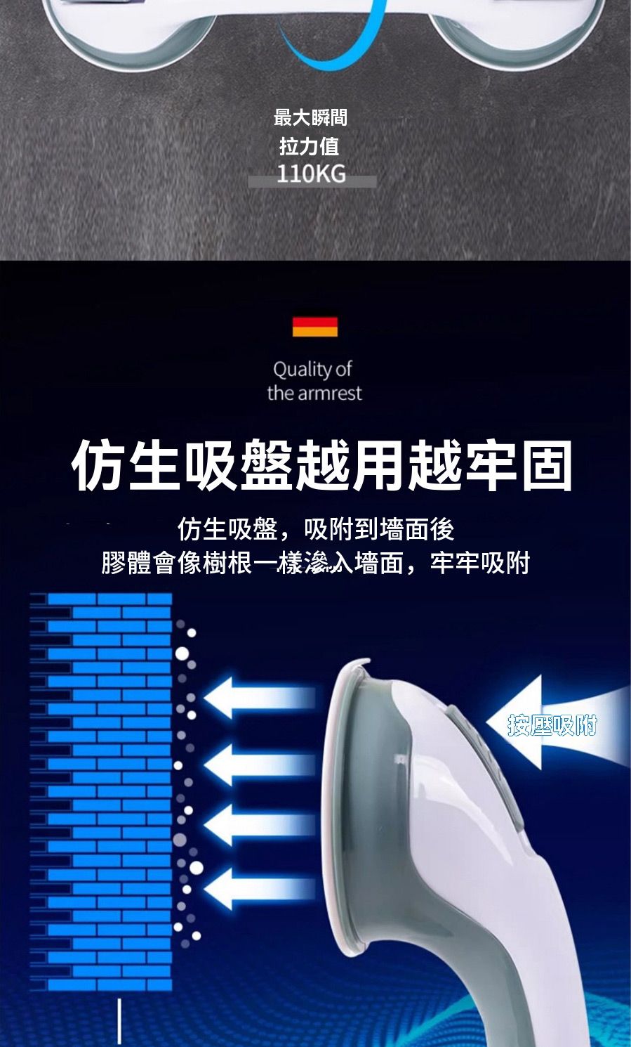 最大瞬間拉力值110KGQuality ofthe armrest仿生吸盤越用越牢固仿生吸盤,吸附到墻面後膠體會像樹根一樣墙面,牢牢吸附按壓吸附