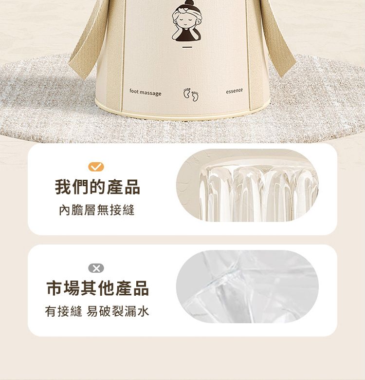 foot massageessence我們的產品內膽層無接縫市場其他產品有接縫 易破裂漏水