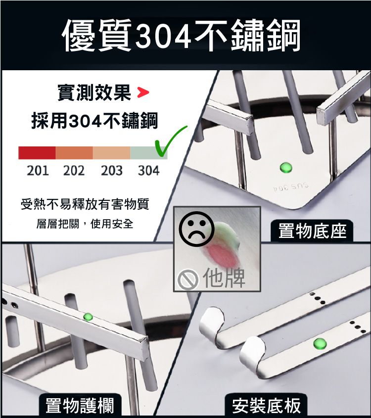 優質304不鏽鋼實測效果 採用304不鏽鋼201 202 203 304受熱不易釋放有害物質層層把關,使用安全 他牌 置物底座置物護欄安裝底板