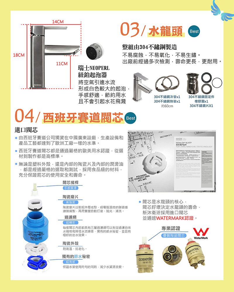 18M14MF11CM瑞士NEOPERL紐鉑起泡器將空氣引進水流03/水龍頭整組304製造Best不易腐蝕不易氧化不易生鏽出廠前經過多次檢測壽命更長更耐用形成白色較大的起泡舒適節約用水且不會引起水花飛濺304不鏽鋼冷管x1304不鏽鋼熱管x1約60cm80304不鏽鋼固定件橡膠圈x1304不鏽鋼片X104/西班牙賽道芯進口由西班牙賽道公司獨資在中國廣東設廠生產設備產品工藝都達到了歐洲工廠一樣的水準西班牙賽道都是通過嚴格的歐美用水認證從選材到製作都是高標準。無論是塑料外殼還是的陶瓷片及内部的潤滑油都是經過嚴格的選取和測試採用食品級的材料充分保證罰芯的使用安全和壽命。Best 芯搖桿手感陶瓷磨片  CONTAC%ECTION CCSEDALOX  和 NANO SHELTER TECHNOLOGY高強度陶瓷磨片以乾粉沖壓成型經電腦溫控的隧道連續燒製再用雙盤自動打磨、拋光、清洗。網是水龍頭的核心好壞決定水龍頭的壽命,新衛浴採用進口芯並通過WATERMARK認證。專業認證S每個內部都具有三層過濾網可以有效過濾水雜物和降低水流噪音,獨有的節水秘密,並且有極好的出水效果。陶瓷外殼耐高溫、抗老化。獨有的節水秘密超有感保證使用均勻的同時,減少水資源浪費。優質陶瓷閥芯WaterMark