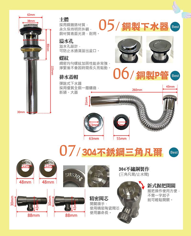 30mm30mm62mm38mm主體採用銅鍍材質永久保持明亮外觀銅材質表面光滑。40mm溢水孔溢水孔設計可防止水過滿溢出盆口。螺紋05/銅製下水器密均勻螺紋加固性能非常擰緊後不會因時間長久而鬆動。排水蓋帽彈跳式下水器採用優質全銅一體鑄造新穎、大器63mmBest06/銅製P管 260mmBest43mm63mm55mm07/304不銹鋼三角凡爾SUS22m22mSUS30448mm48mm精密閥芯開關順手使用精密陶瓷閥芯304不鏽鋼製作(三角凡爾/止水閥)Best新式握把開關握把操作使用方便,不需一字起子就可輕鬆開關。使用壽命長。88mm88mm