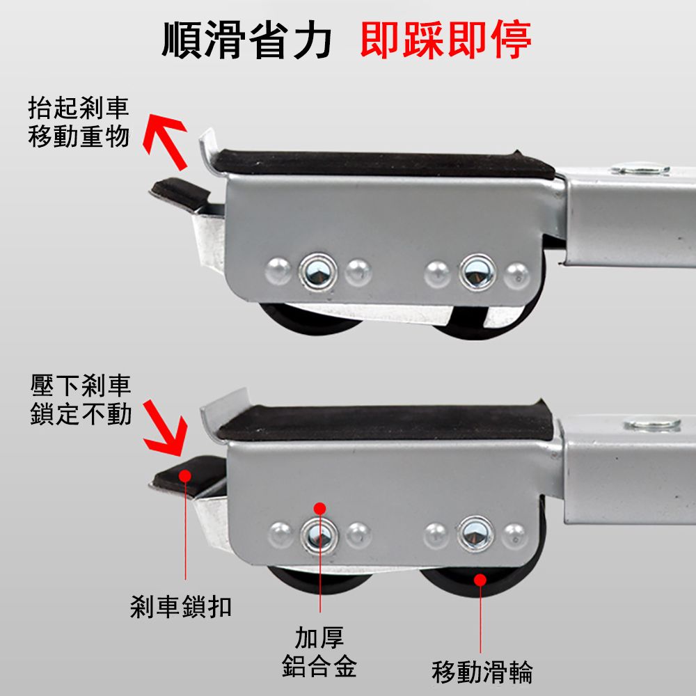 抬起剎車順滑省力 即踩即停移動重物 壓下剎車鎖定不動剎車鎖扣加厚鋁合金移動滑輪