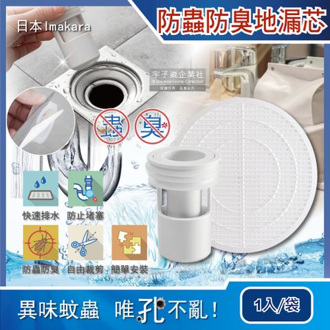 【日本Imakara】廚房浴室管道防蟲防臭排水孔濾網地漏芯1入/袋(附可剪裁過濾網)