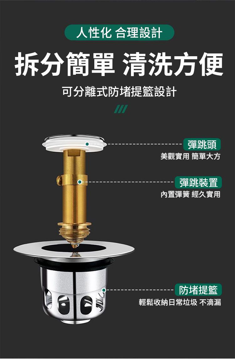 人性化 合理設計拆分 清洗方便可分離式防堵提籃設計彈跳頭美觀實用 簡單大方彈跳裝置內置彈簧 經久實用防堵提籃輕鬆收納日常垃圾 不滴漏