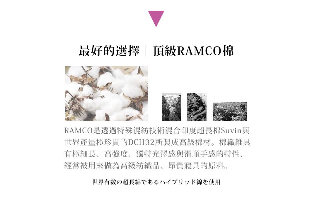 最好的選擇頂級RAMCO棉RAMCO是透過特殊混紡技術混合印度超長棉Suvin與世界產量極珍貴的DCH32所製成高級棉材。棉纖維具有極細長高強度、獨特光澤感與滑順手感的特性,經常被用來做為高級紡織品、昂貴的原料。世界有数の超長綿であるハイブリッド綿を使用