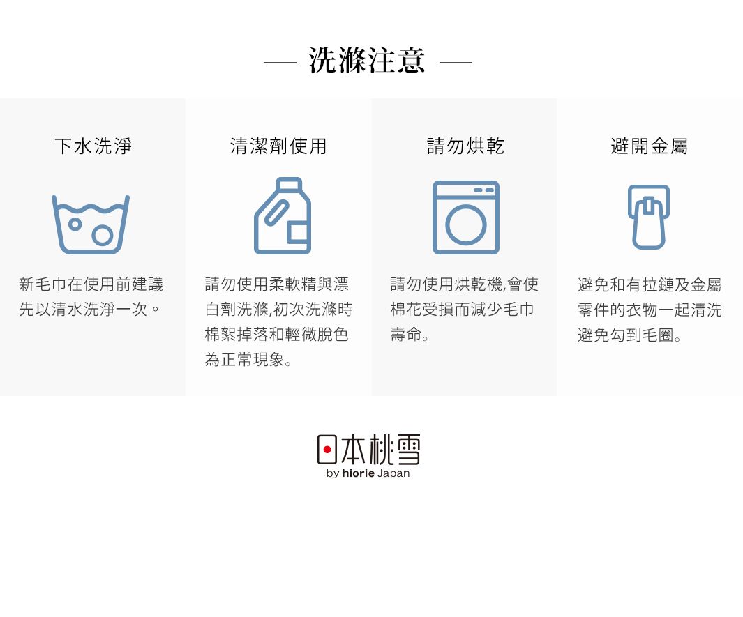 洗滌注意下水洗淨清潔劑使用請勿烘乾避開金屬新毛巾在使用前建議先以清水洗淨一次。請勿使用柔軟精與漂白劑洗滌,初次洗滌時棉絮掉落和輕微脫色為正常現象。請勿使用烘乾機,會使棉花受損而減少毛巾壽命。避免和有拉鏈及金屬零件的衣物一起清洗避免勾到毛圈。日本桃雪by hiorie Japan