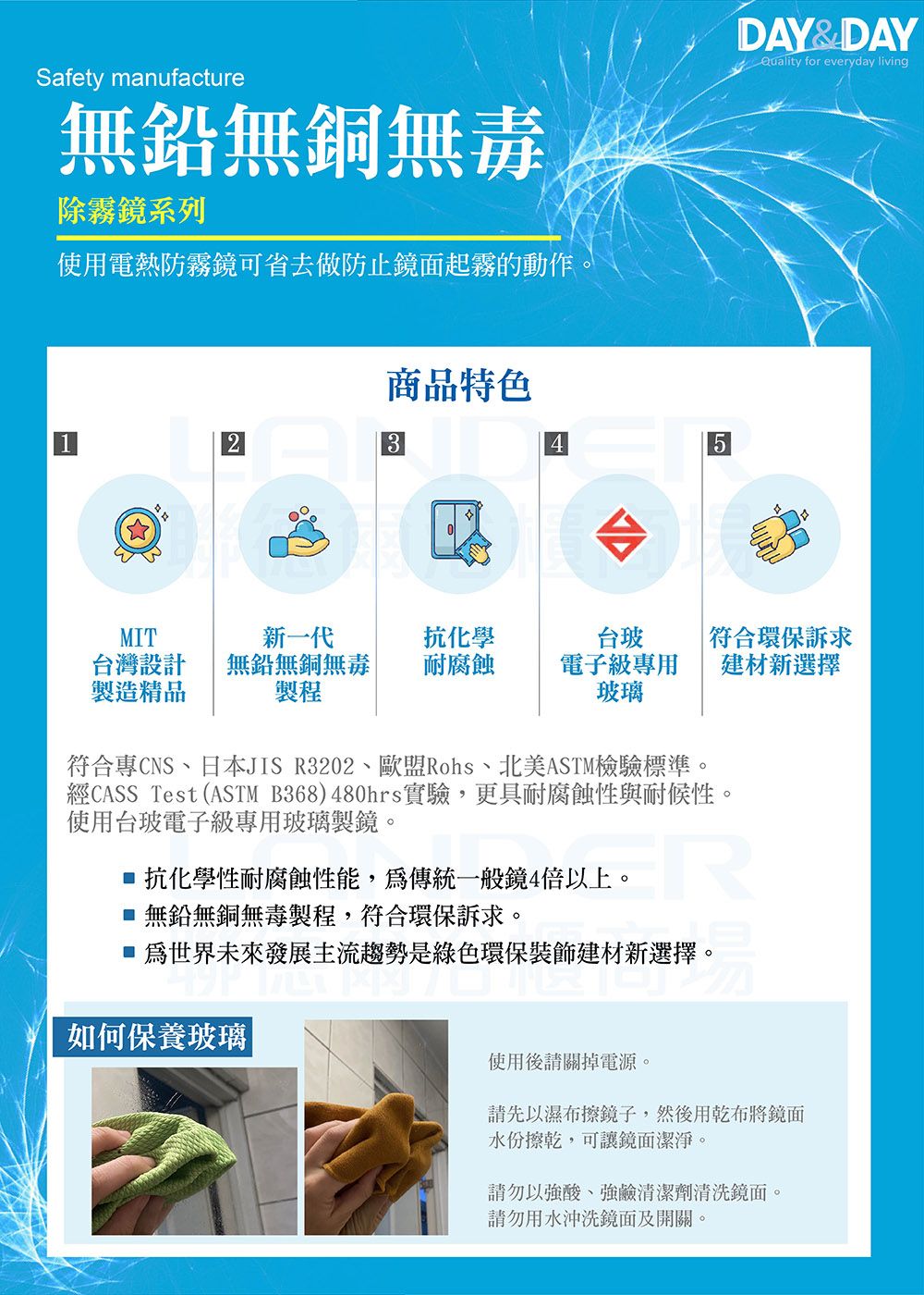 Safety manufacture無鉛無無毒除霧鏡系列使用電熱防霧鏡可省去做防止鏡面起霧的動作商品特色4DAY&DAYQuality for everyday livingMIT新一代抗化學符合環保訴求台灣設計製造精品無鉛無無毐製程耐腐蝕電子級用玻璃建材新選擇符合專CNS、日本JIS R3202、歐盟Rohs、北美ASTM檢驗標準。經CASS Test (ASTM B368)480hrs實驗,更具耐腐蝕性與耐候性。使用台玻電子級專用玻璃製鏡。ER抗化學性耐腐蝕性能,為傳統一般鏡4倍以上。■無鉛無銅無毒製程,符合環保訴求。■ 為世界未來發展主流趨勢是綠色環保裝飾建材新選擇。如何保養玻璃|使用後請關掉電源。請先以濕布擦鏡子,然後用乾布將鏡面擦乾,可讓鏡面潔淨。請勿以強酸、強鹼清潔劑清洗鏡面請勿用水沖洗鏡面及開關。