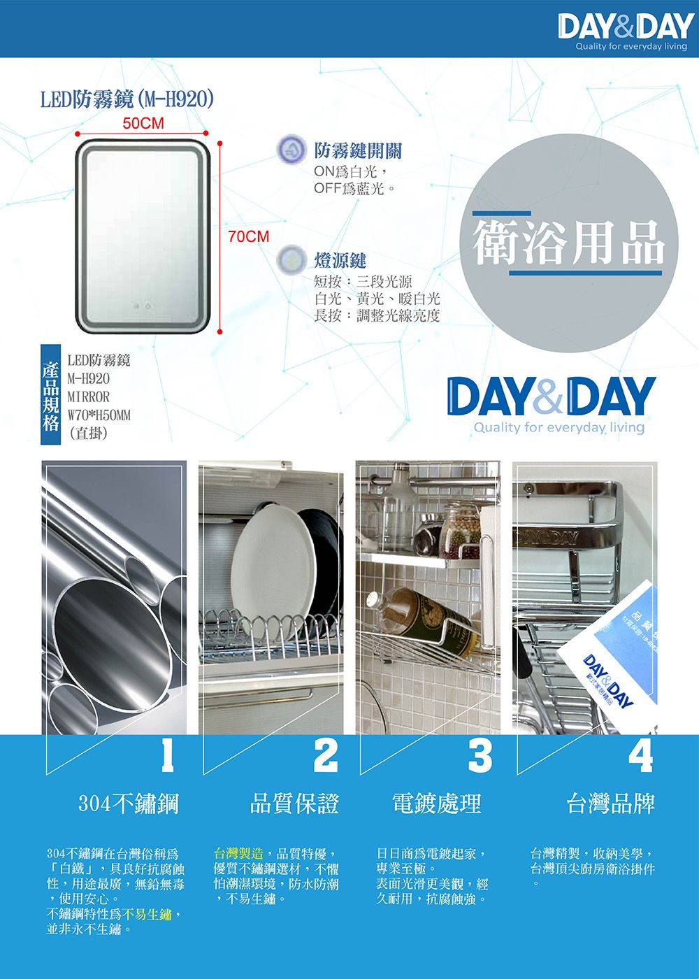 DAY&DAYQuality for everyday livingLED防霧鏡(M-H920)LED防霧鏡M-H920MIRRORW70*H50MM(直掛)50CM70CM防霧鍵開關白光,OFF藍光。燈源鍵短按:三段光源白光、黃光、暖白光長按:調整光線亮度衛浴用品DAY&&DAYQuality for everyday living23304不鏽鋼品質保證電鍍處理日商為電鍍起家,專業至極。品質材質保證:式精品DAY&DAY台灣品牌304不鏽鋼在台灣俗稱為「白鐵」,具良好抗腐蝕性,用途最廣,無鉛無毒,使用安心。不鏽鋼特性為不易生鏽,並非永不生鏽。台灣製造,品質特優,不鏽鋼選材,不懼怕潮濕環境,防水防潮,不易生鏽。表面光滑更美觀,經久耐用,抗腐蝕強。台灣精製,收納美學,台灣頂尖廚房衛浴掛件