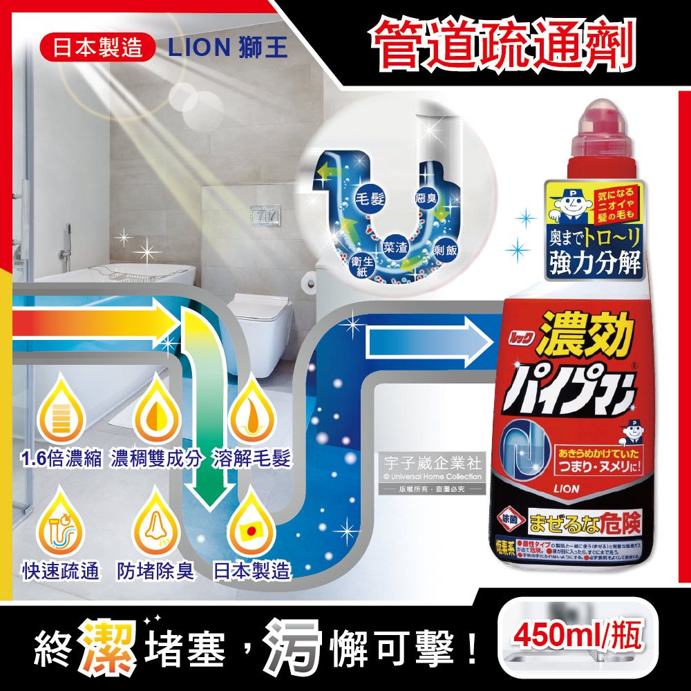 LION 日本獅王 日本獅王-濃縮型1.6倍排水管道疏通凝膠清潔劑450ml/紅瓶(衛浴馬桶強力分解防堵除臭,快速溶解毛髮水管疏通劑)