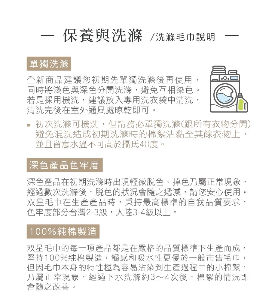 保養與洗滌/洗滌毛巾說明單獨洗滌全新商品建議您初期先單獨洗滌後再使用,同時將淺色與深色分開洗滌,避免互相染色。若是採用機洗,建議放入專用洗衣袋中清洗,清洗完後在室外通風處晾乾即可。初次洗滌可機洗,但請務必單獨洗滌(跟所有衣物分開)避免混洗造成初期洗滌時的棉絮沾黏至其餘衣物上,並且留意水溫不可高於攝氏40度。|深色產品色牢度深色產品在初期洗滌時出現輕微、掉色乃屬正常現象,經過數次洗滌後,脫色的狀況會隨之遞減,請您安心使用。双星毛巾在生產產品時,秉持最高標準的自我品質要求,色牢度部分台灣2-3級,大陸3-4級以上。100%純棉製造双星毛巾的每一項產品都是在嚴格的品質標準下生產而成,堅持100%純棉製造,觸感和吸水性更優於一般市售毛巾,但因毛巾本身的特性極為容易沾染到生產過程中的小棉絮,乃屬正常現象,經過下水洗滌約3~4次後,棉絮的情況即會隨之改善。