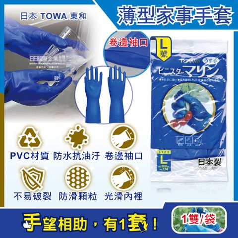 日本TOWA東和-PVC防滑抗油汙萬用家事清潔手套-NO.774薄型藍色L號1雙/袋(洗碗盤,大掃除,園藝植栽,漁業水產,油漆工作皆適用)
