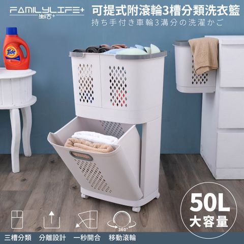 衛生新主張【FL生活+】50L大容量可提式附輪3槽分類洗衣籃(YG-072)