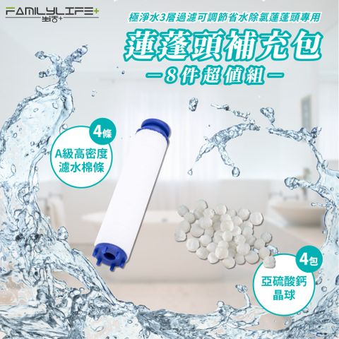 FL生活+ 【FL 生活+】極淨水3層過濾可調節省水除氯蓮蓬頭專用補充包8件組(專用過濾棉x4+除氯亞硫酸鈣x4)