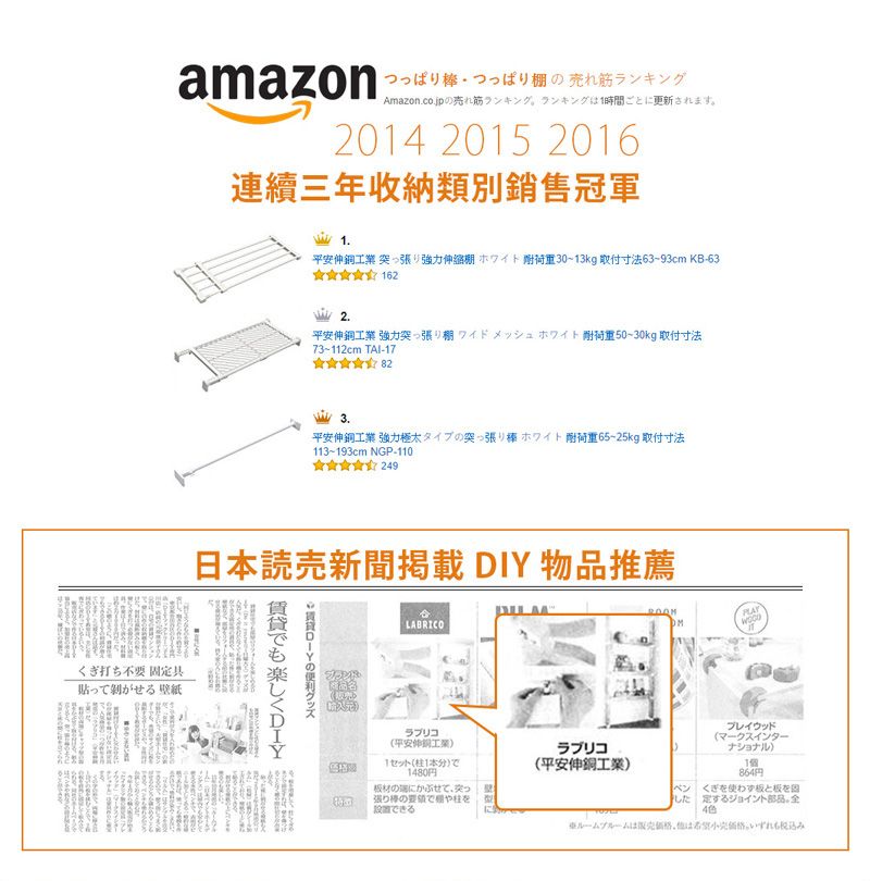 amazonつっぱりつっぱり売れ筋ランキングAmazoncojp売れ筋ランキングランキングは1時間ごとに更新されます2014 2015 2016連續三年收納類別銷售冠軍1.伸銅工業 強力伸縮 ホワイト 重3013kg 取付寸法 63-93cm KB-63 1622.平安伸銅工業 強力棚 メッシュホワイト 重5030kg 取付寸法73112cm -173.平安伸銅工業 強力極太タイプの突っ張り棒ホワイト 耐荷重65-25kg 取付寸法113193cm NGP-110日本読売新聞掲載 DIY 物品推薦くぎ打ち不要定貼ってせる壁紙賃貸でも楽しくDIY賃貸DIYの便利グッズ。LABRICO平安伸銅工業1セット 1本分)で1480円のにかぶせて突っ張り棒のでやを設置できるラブリコ( 平安伸銅工業)プレイウッド(マークスインターナショナル)個864円を使わずとを固した定するジョイント部品。 全4色ルームは価格。いずれも税込み