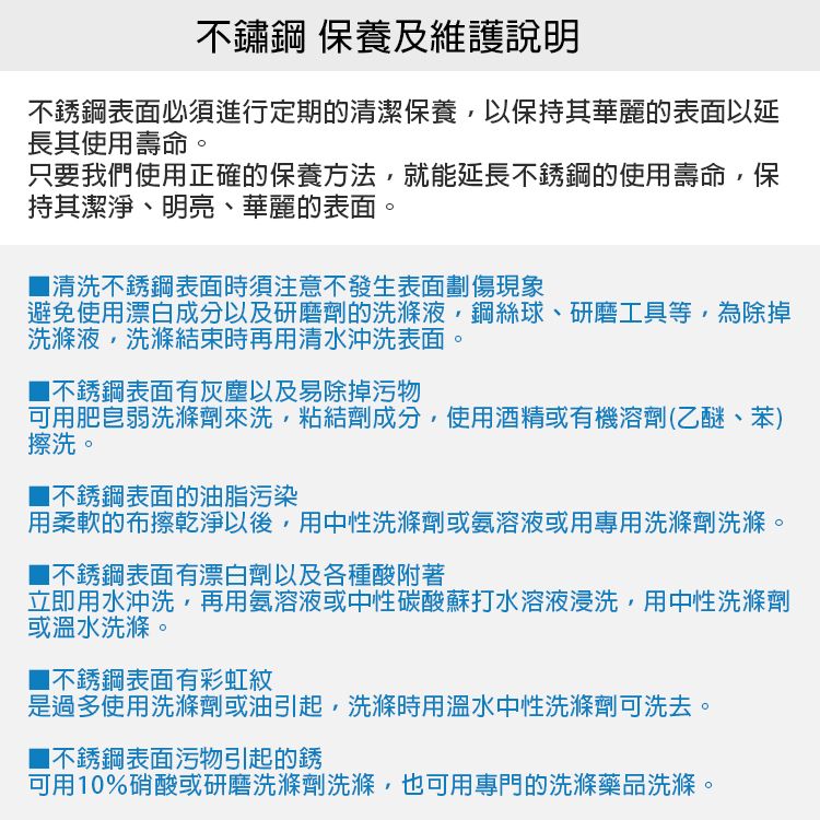 不鏽鋼 保養及維護說明不銹鋼表面必須進行定期的清潔保養以保持其華麗的表面以延長其使用壽命。只要我們使用正確的保養方法就能延長不銹鋼的使用壽命,保持其潔淨、明亮、華麗的表面。清洗不銹鋼表面時須注意不發生表面劃傷現象避免使用漂白成分以及研磨劑的洗滌液,鋼絲球、研磨工具等,為除掉洗滌液,洗滌結束時再用清水沖洗表面。不銹鋼表面有灰塵以及易除掉污物可用肥皂弱洗滌劑來洗,粘結劑成分,使用酒精或有機溶劑(乙醚、苯)擦洗。■不銹鋼表面的油脂污染用柔軟的布擦乾淨以後,用中性洗滌劑或氨溶液或用專用洗滌劑洗滌。■不銹鋼表面有漂白劑以及各種酸附著立即用水沖洗,再用氨溶液或中性碳酸蘇打水溶液浸洗,用中性洗滌劑或溫水洗滌。不銹鋼表面有彩虹紋是過多使用洗滌劑或油引起,洗滌時用溫水中性洗滌劑可洗去。■不銹鋼表面污物引起的銹可用10%硝酸或研磨洗滌劑洗滌,也可用專門的洗滌藥品洗滌。