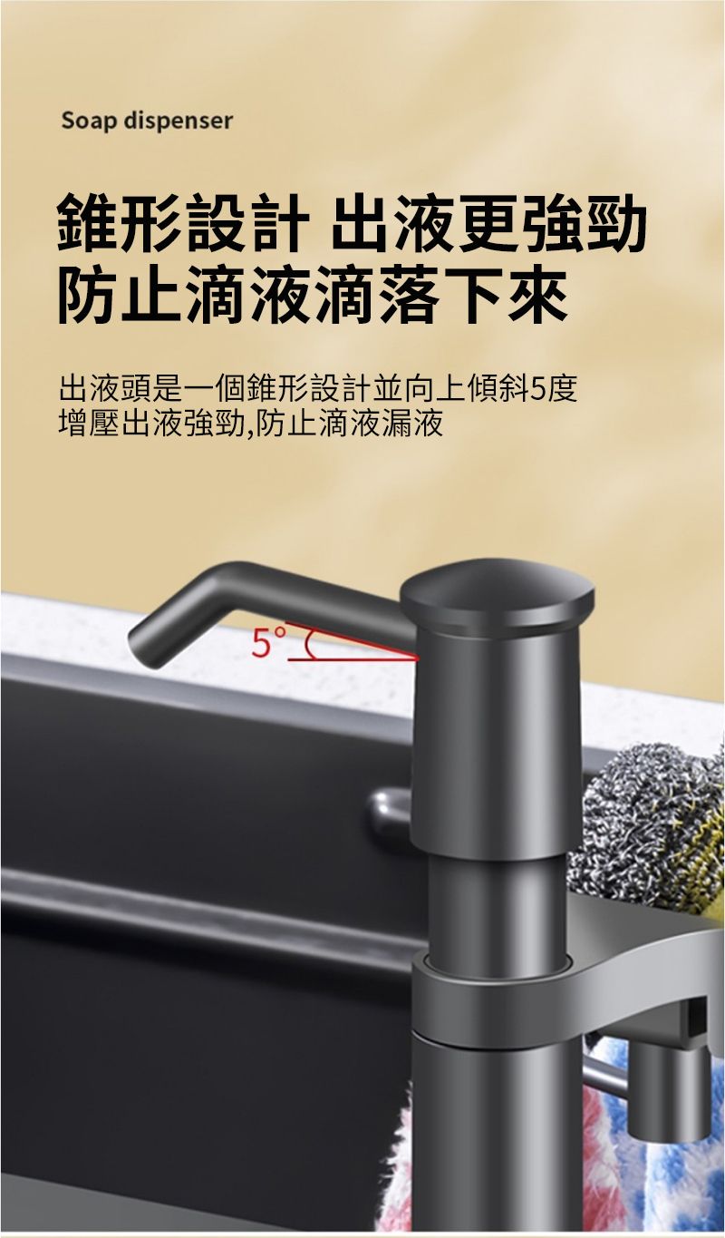 Soap dispenser設計出液更強勁防止滴液滴落下來出液頭是一個錐形設計並向上傾斜5度增壓出液強勁,防止滴液漏液5