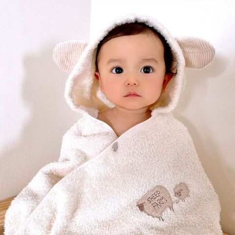 【日本愛媛 KONTEX】今治純棉可愛動物連帽浴巾-共2款(棕綿羊)