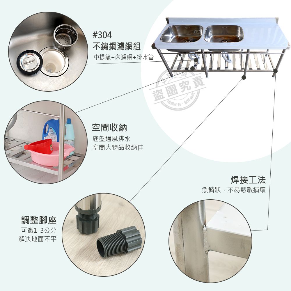  【Abis】客製商品-頂級升級加牆款304不鏽鋼180CM雙洗台+平台加深大水槽/洗手台/洗碗槽/流理台(6尺)-1入