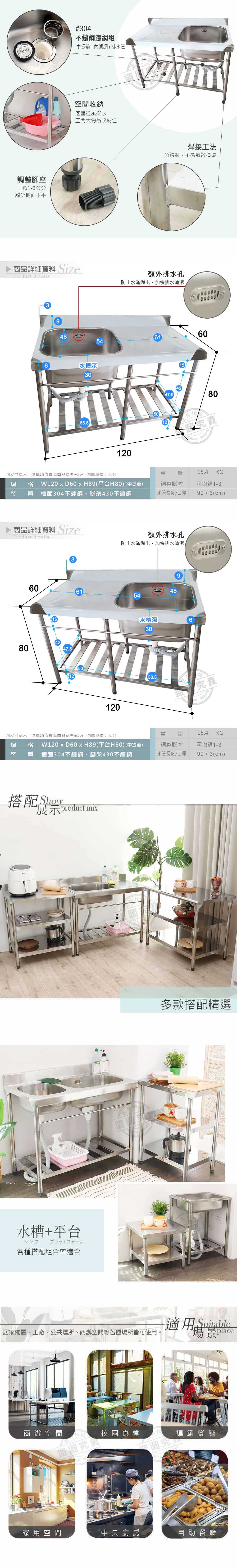 調整腳座可微1-3公分解決地面不平#304不鏽鋼濾網組中提+濾網+排水管空間收納底盤通風排水空間大物品收納佳焊接工法魚鱗狀,不易鬆散損壞 商品詳細資料 SizeProduct details額外排水孔防止水滿溢出,加快排水清潔9486154606水槽深 3056.5120※尺寸為人工測請依實際商品為準5% 測量單位:公分格 W120  D60  H89平台H80) (中提)材 質 槽面304不鏽鋼、腳架430不鏽鋼 商品詳細資料 SizeProduct details6060158047.534247.515品拍80重 量15.4KG調整腳粒水管長度/口徑可微調1-390/3(cm)額外排水孔防止水滿溢出,加快排水清潔6148541250120水槽深309656.5究責重 量15.4 KG※尺寸為人工測量請依實際商品為準5% 測量單位:公分規 格W120 x D60 x H89(平台H80)(中提籠)調整腳粒可微調1-3材質 槽面304不鏽鋼、腳架430不鏽鋼水管長度/口徑90/3(cm)搭配Show展示product mix水槽+平台シンク ブラットフォーム各種搭配組合皆適合盜拍多款搭配精選適用 Suitable居家佈置、工廠、公共場所、商辦空間等各種場所皆可使用適用場景 商辦空間盜圖究員 園 食堂究連鎖餐廳家用空間中央廚房自助餐廳