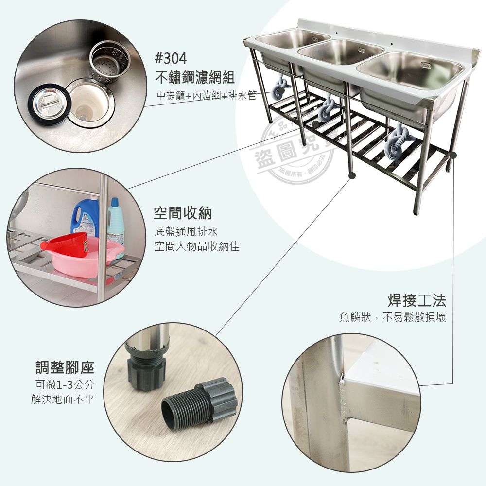  【Abis】客製商品-頂級升級加牆款304不鏽鋼180CM三洗台加深30特大水槽/洗手台/洗碗槽/洗衣槽/流理台(6尺)-1入