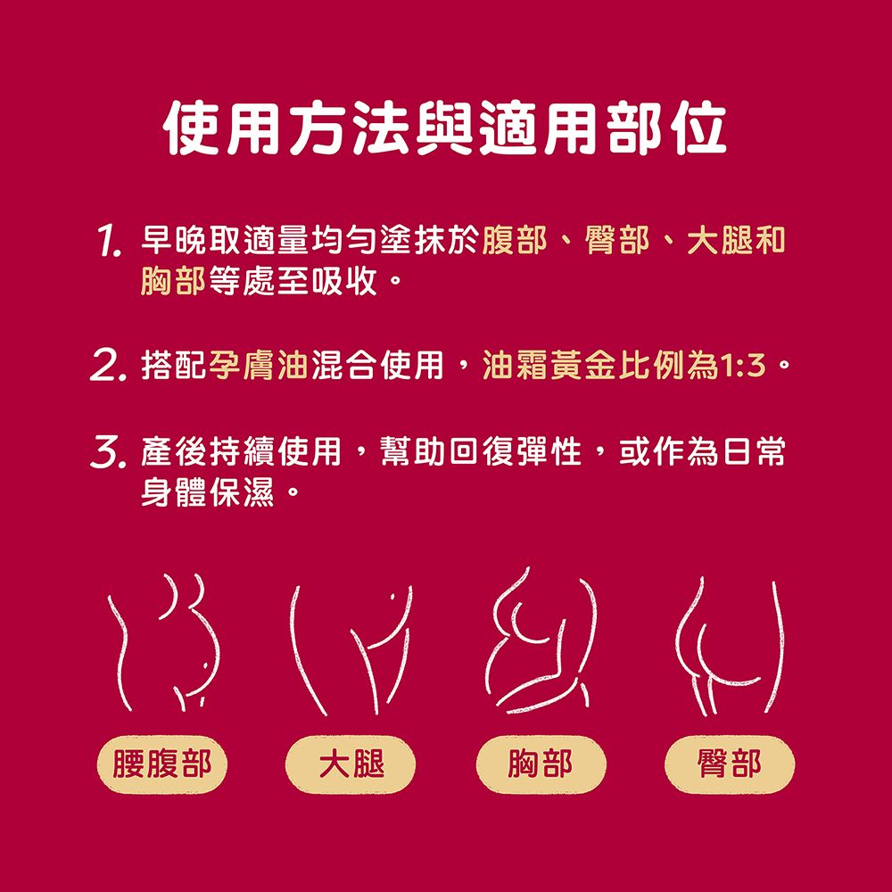 使用方法與適用部位1. 早晚取適量均勻塗抹於腹部、臀部、大腿和胸部等處至吸收。2. 搭配孕膚油混合使用,油霜黃金比例為1:3。 產後持續使用,幫助回復彈性,或作為日常身體保濕。   腰腹部大腿胸部臀部