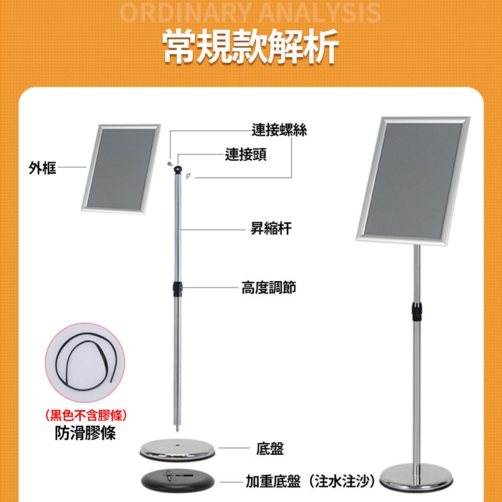 ORDINARY ANALYSIS常規款解析連接螺絲連接頭外框(黑色不含膠條防滑膠條昇縮杆高度調節底盤-加重底盤(水注沙)