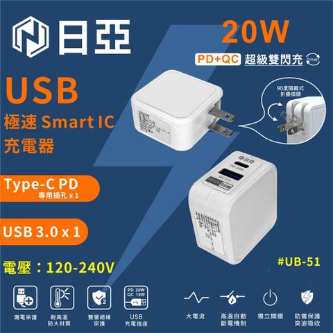 日亞 UB-51智慧型PD20W Type-C+QC3.0極速USB充電器( 雙快充Iphone全電壓)