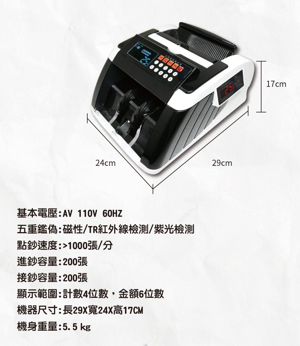 000024cm29cm17cm基本電壓:AV  五重鑑偽:磁性/TR紅外線檢測/紫光檢測點鈔速度:1000張/分進鈔容量:200張接鈔容量:200張顯示範圍:計數4位數,金額6位數機器尺寸:長29X寬24X高17CM機身重量:5.5 kg