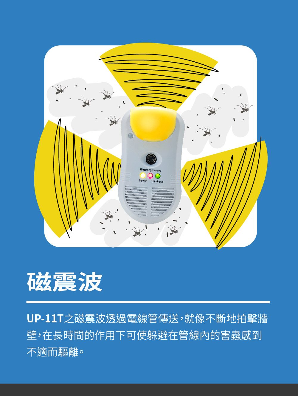 Electro 磁震波UP-11T磁震波透過電線管傳送,就像不斷地拍擊牆壁,在長時間的作用下可使躲避在管線內的害蟲感到不適而驅離。